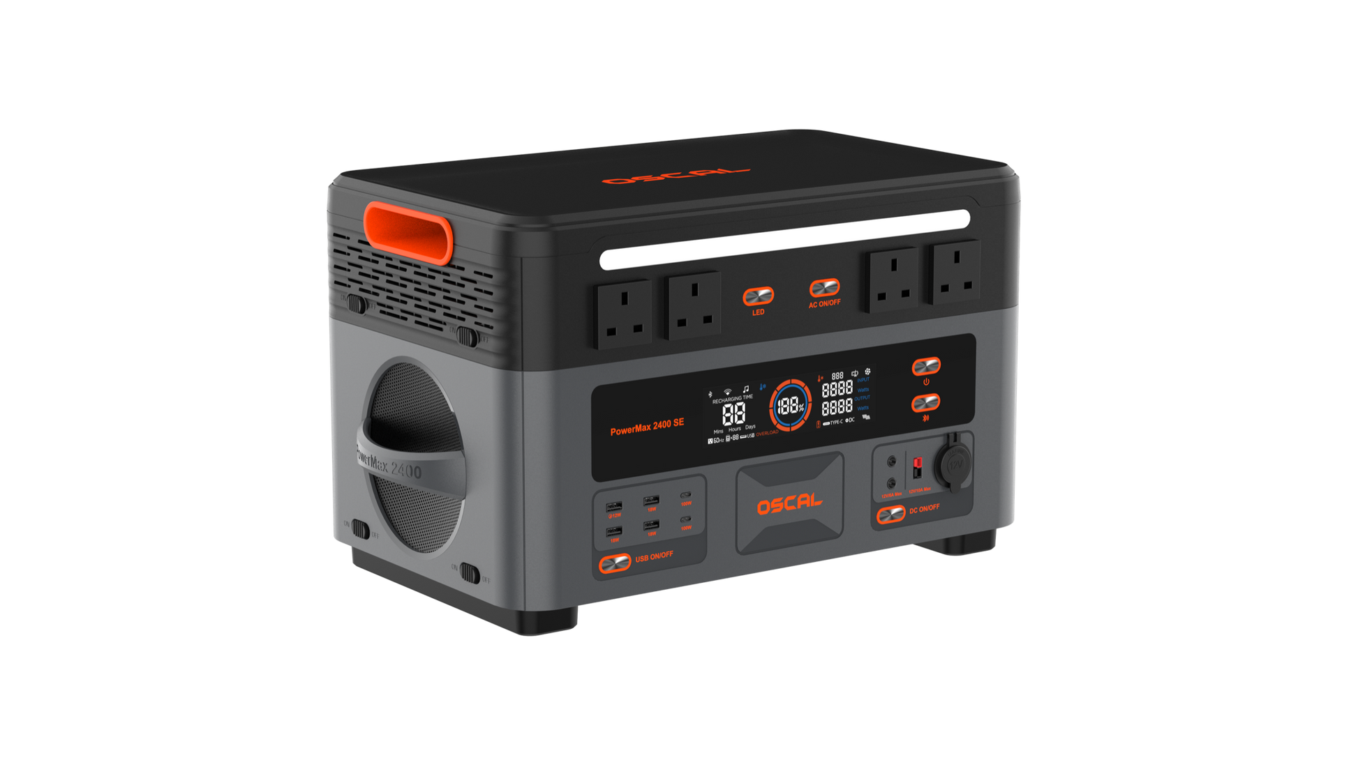 OSCAL PowerMax 2400 SE portable power station front-left view with U.S. outlets