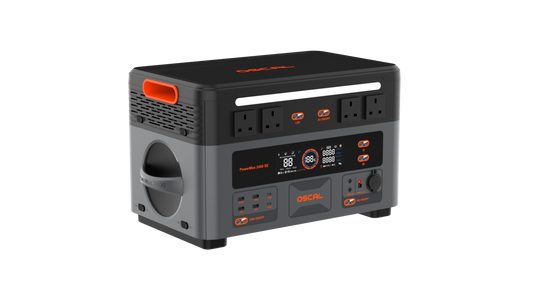 OSCAL PowerMax 2400 SE portable power station front-left view with U.S. outlets