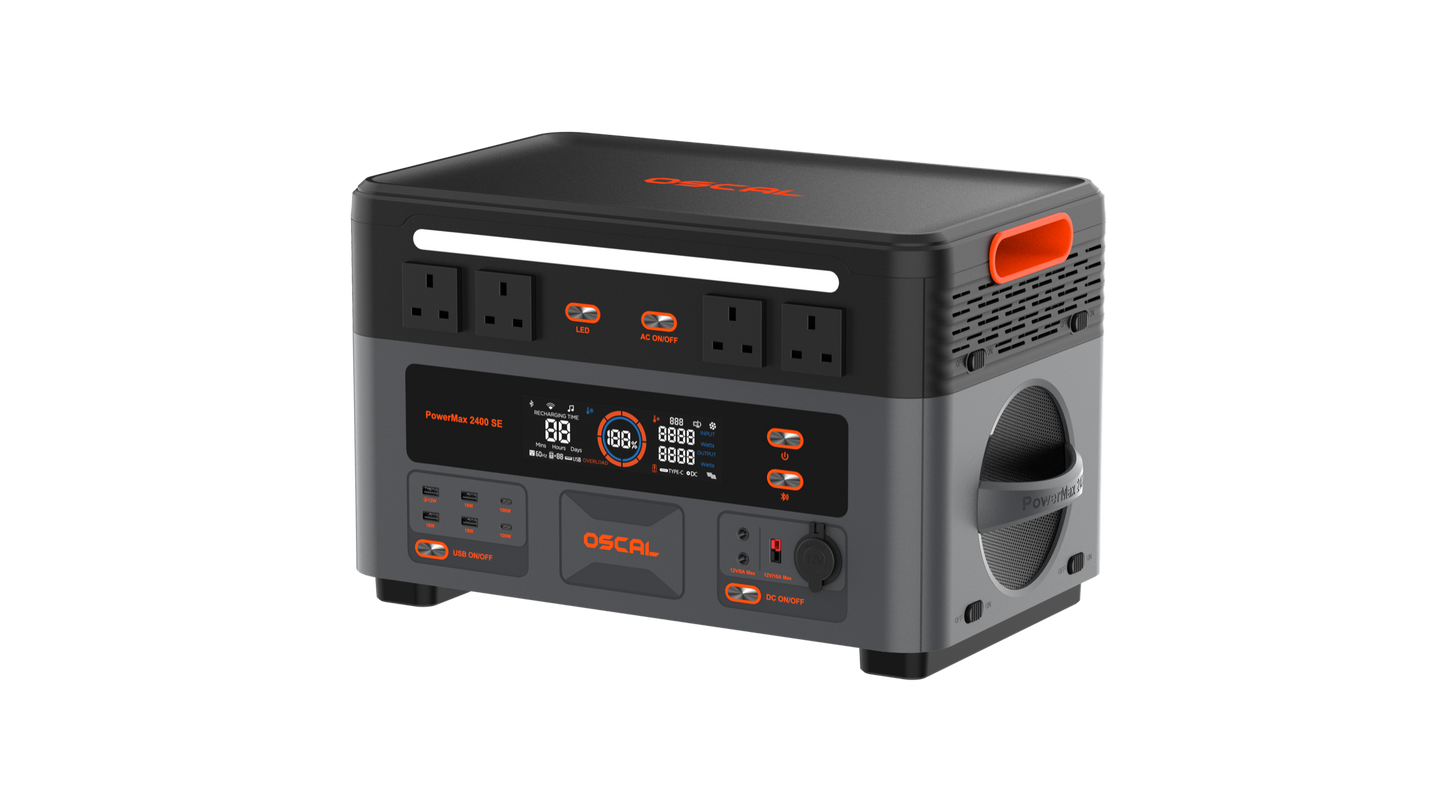 OSCAL PowerMax 2400 SE portable power station front-right view with U.S. outlets