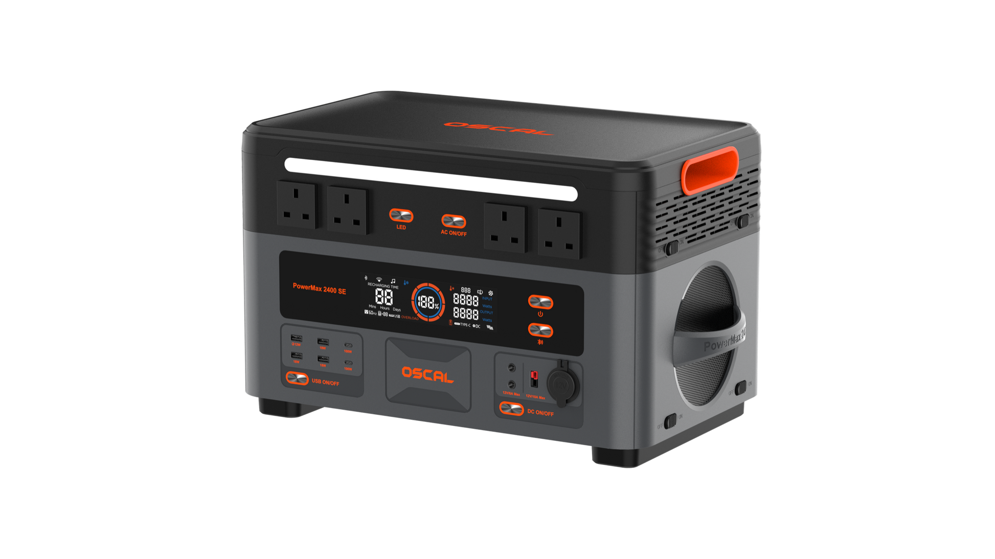 OSCAL PowerMax 2400 SE portable power station front-right view with U.S. outlets