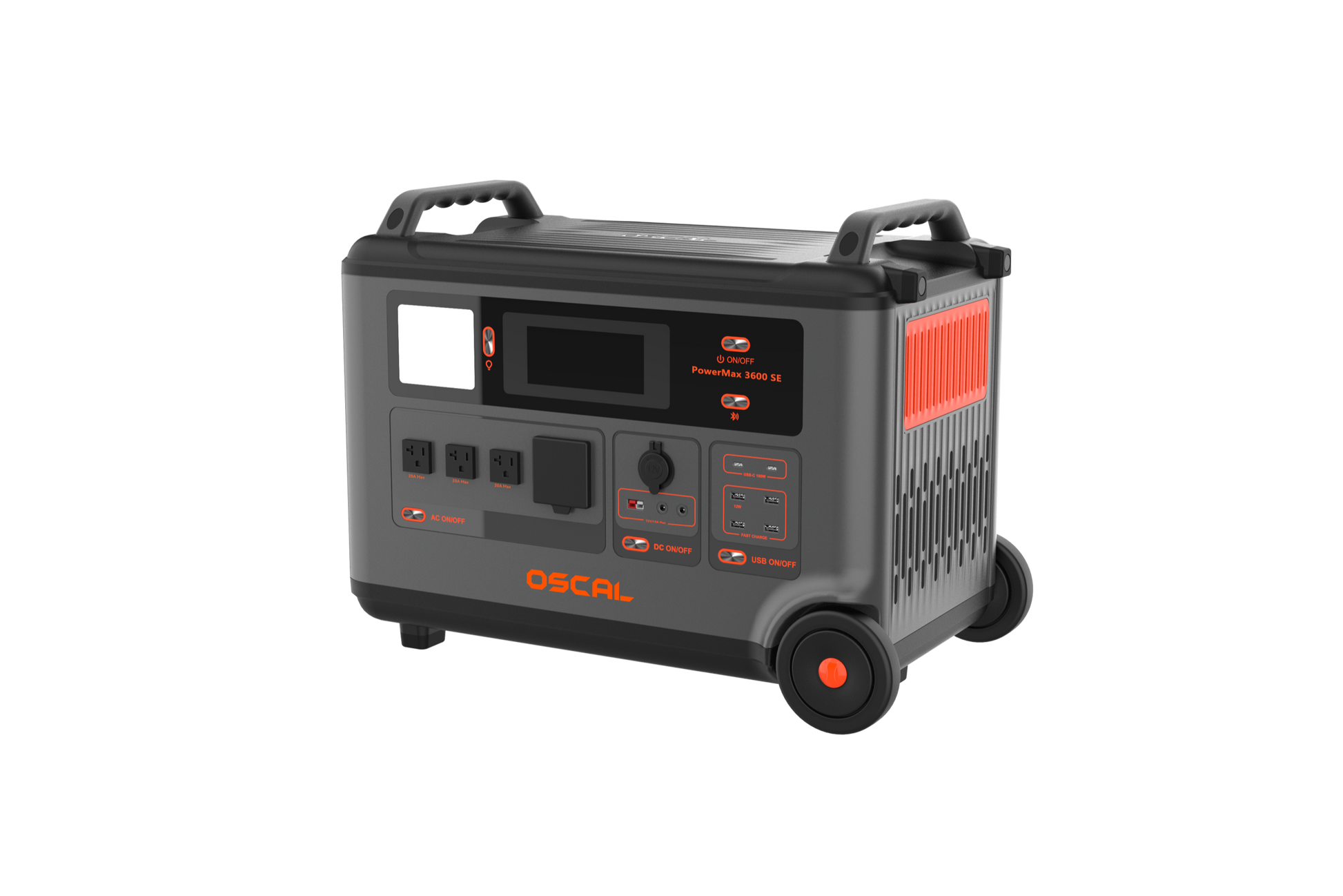 OSCAL PowerMax 3600 SE portable power station three-quarter view with U.S. outlets