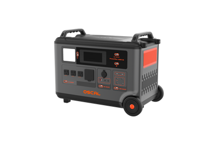 OSCAL PowerMax 3600 SE portable power station three-quarter view with U.S. outlets