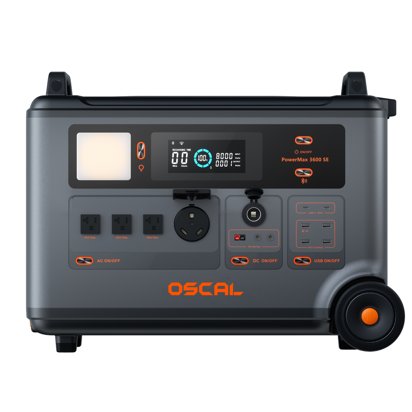 OSCAL PowerMax 3600 SE front view with U.S. outlets and port covers open