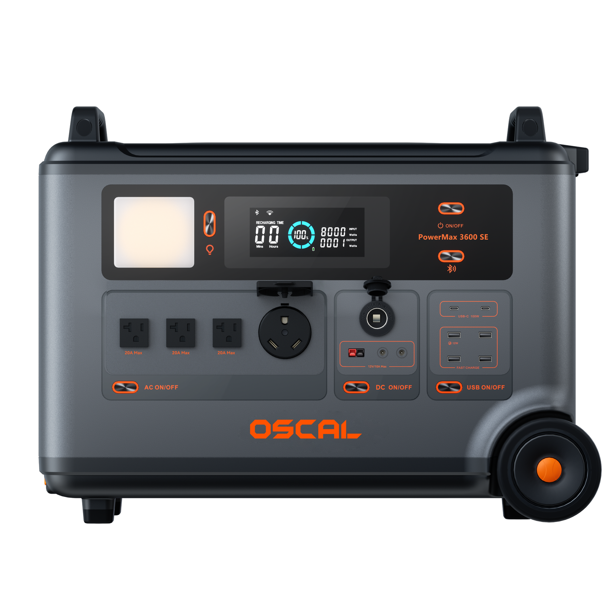 OSCAL PowerMax 3600 SE front view with U.S. outlets and port covers open