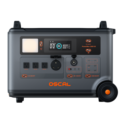 OSCAL PowerMax 3600 SE front view with U.S. outlets and port covers open