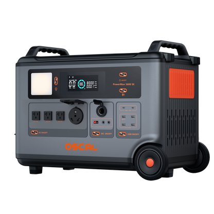OSCAL PowerMax 3600 SE right-side view with U.S. outlets and port covers open