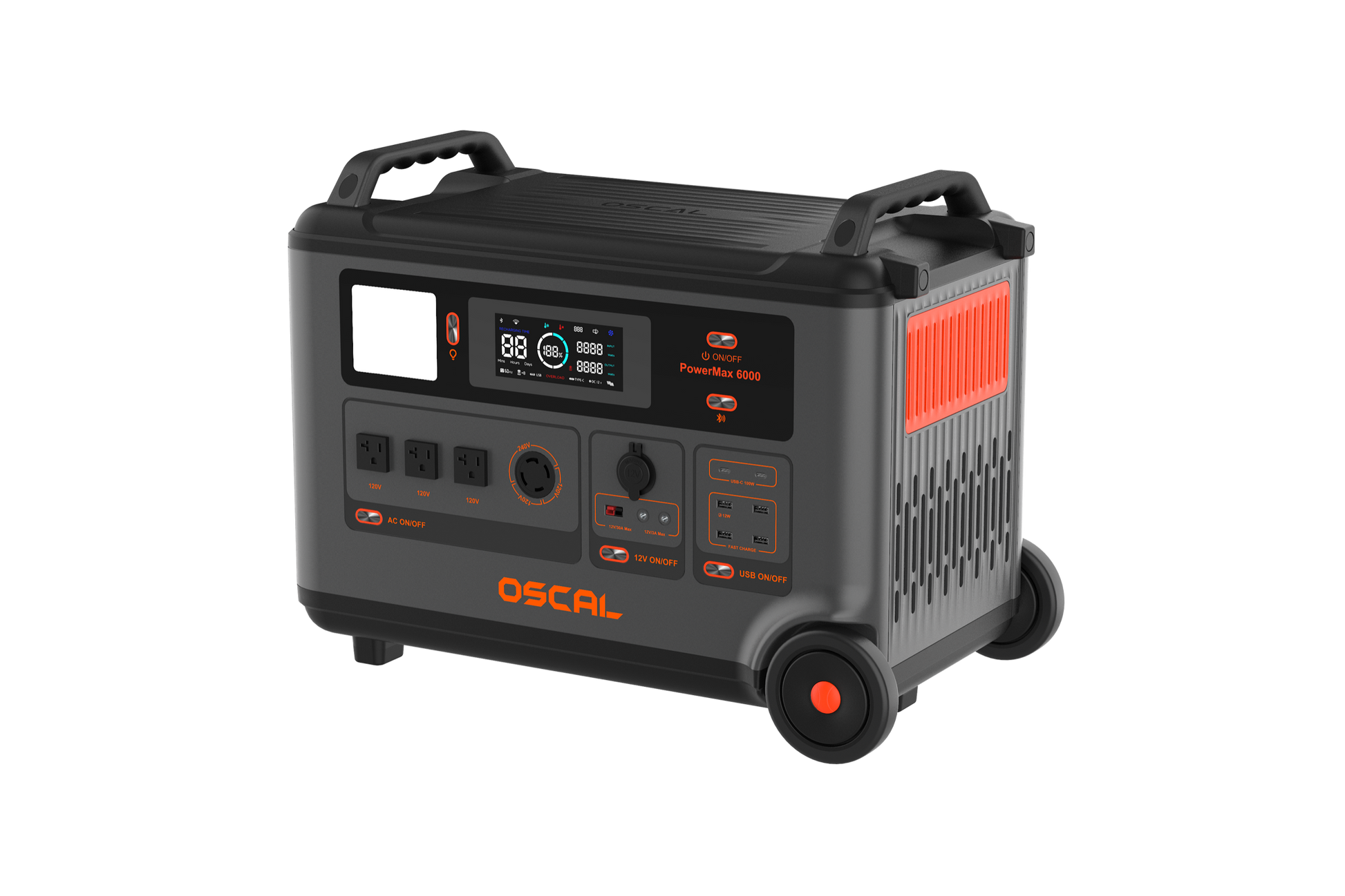 OSCAL PowerMax 6000 portable power station front-right view with U.S. outlets