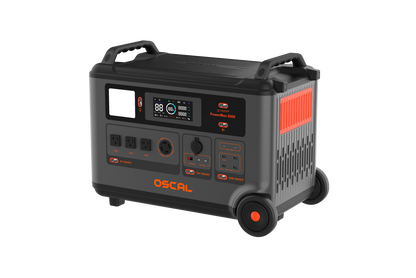 OSCAL PowerMax 6000 portable power station front-right view with U.S. outlets