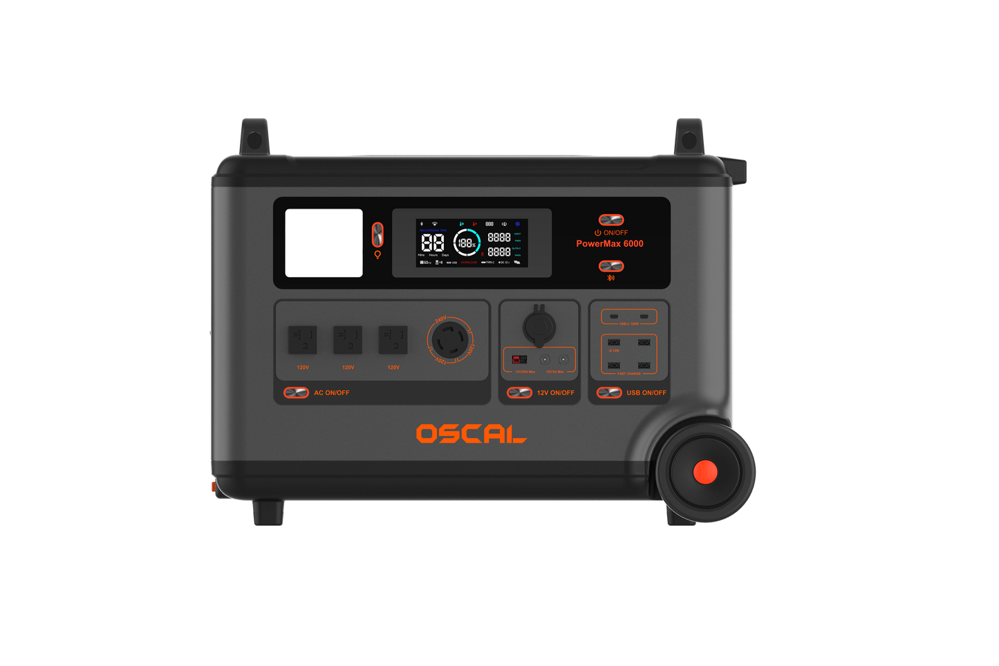 OSCAL PowerMax 6000 portable power station front view with U.S. outlets