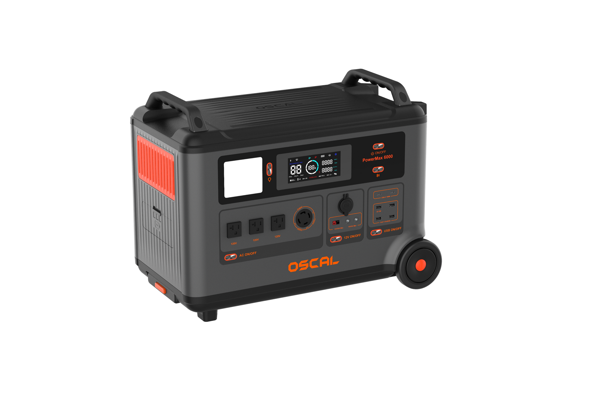 OSCAL PowerMax 6000 portable power station front-left view with U.S. outlets