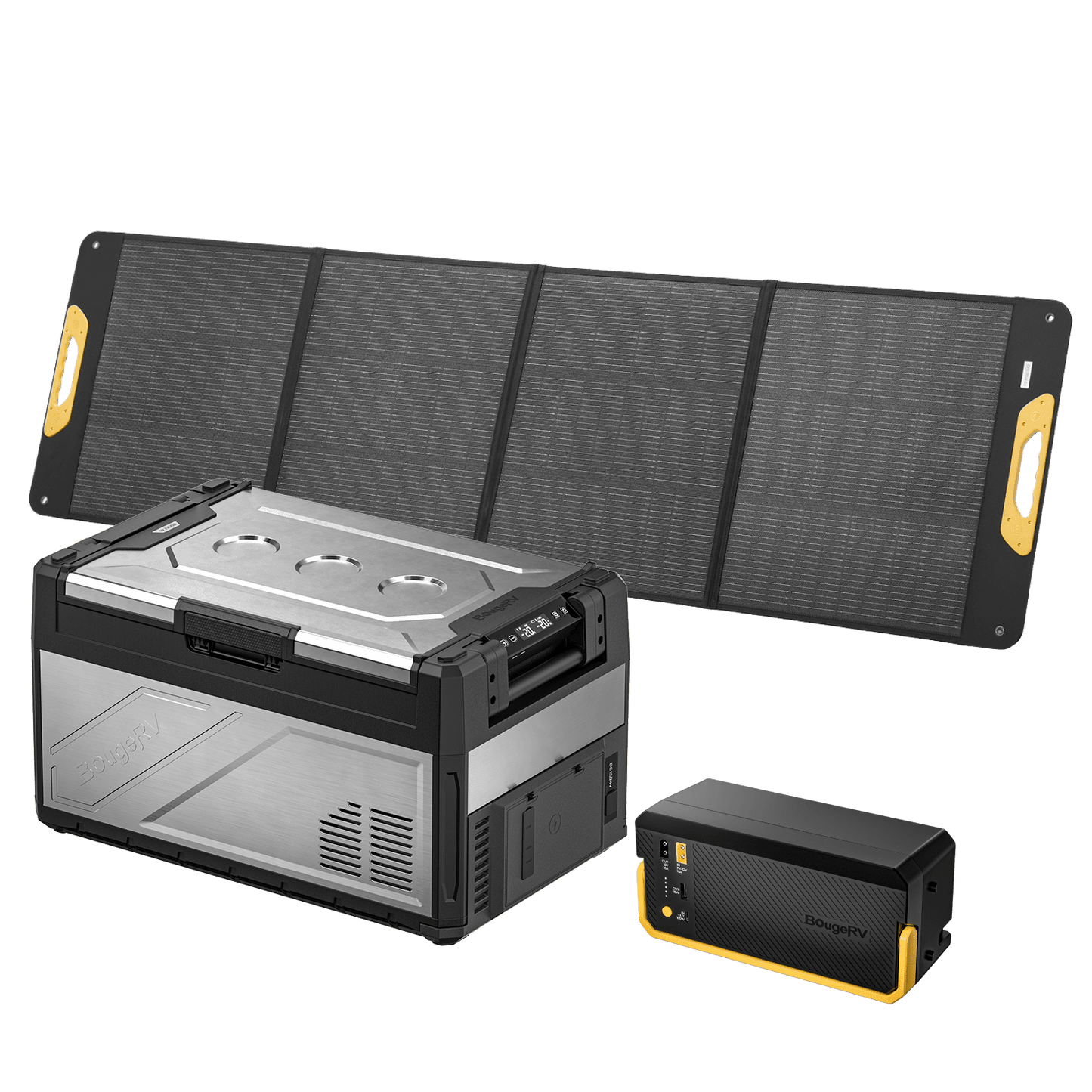 BougeRV Rocky V3.0 fridge bundle with 200W folding solar panel and portable power station