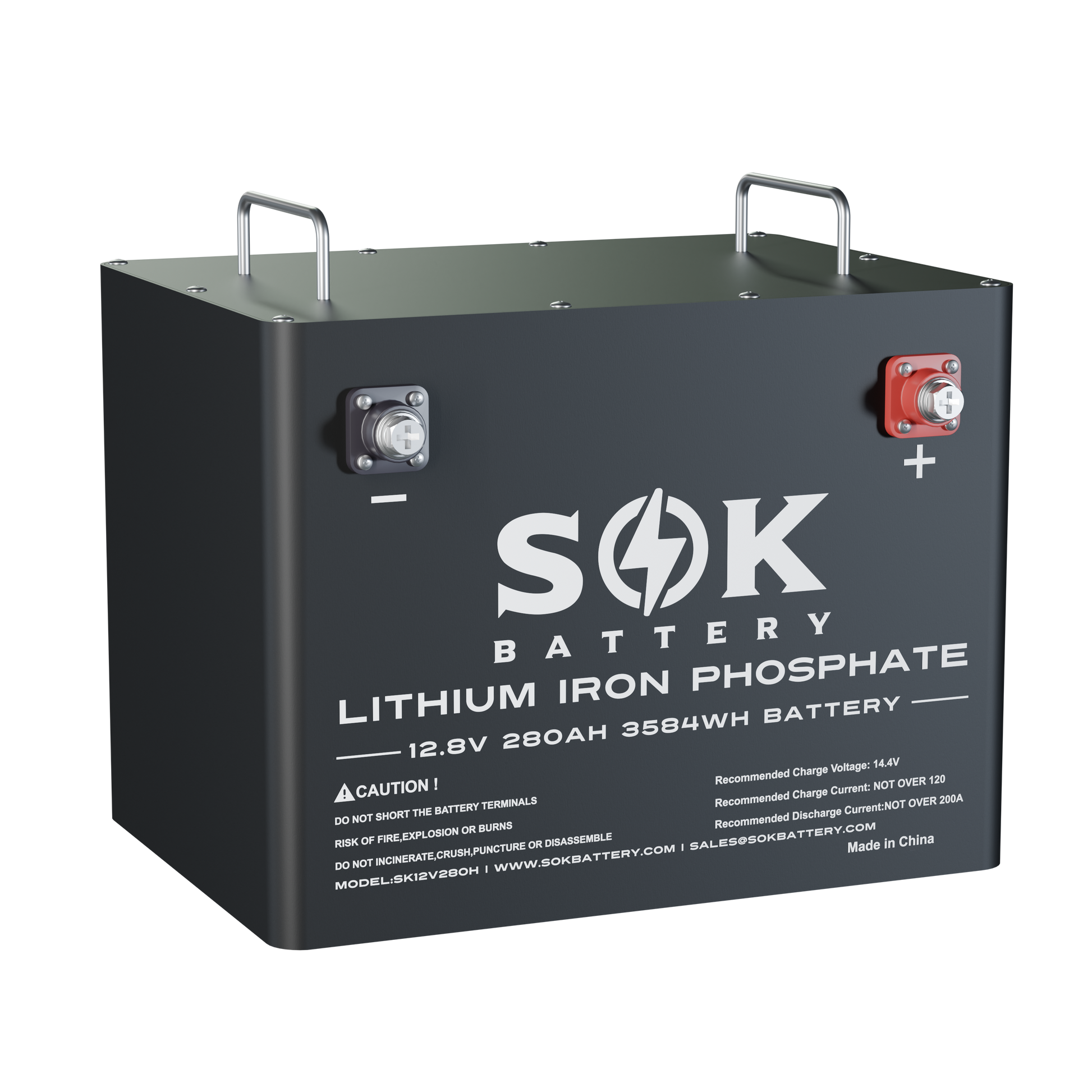 Front three-quarter view of the SOK SK12V280H battery showing carrying handles and terminals