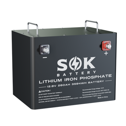Front three-quarter view of the SOK SK12V280H battery showing carrying handles and terminals