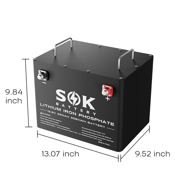 SOK SK12V280H battery dimensions: 13.07 × 9.52 × 9.84 inches (L × W × H)