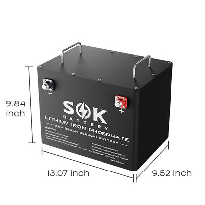 SOK SK12V280H battery dimensions: 13.07 × 9.52 × 9.84 inches (L × W × H)