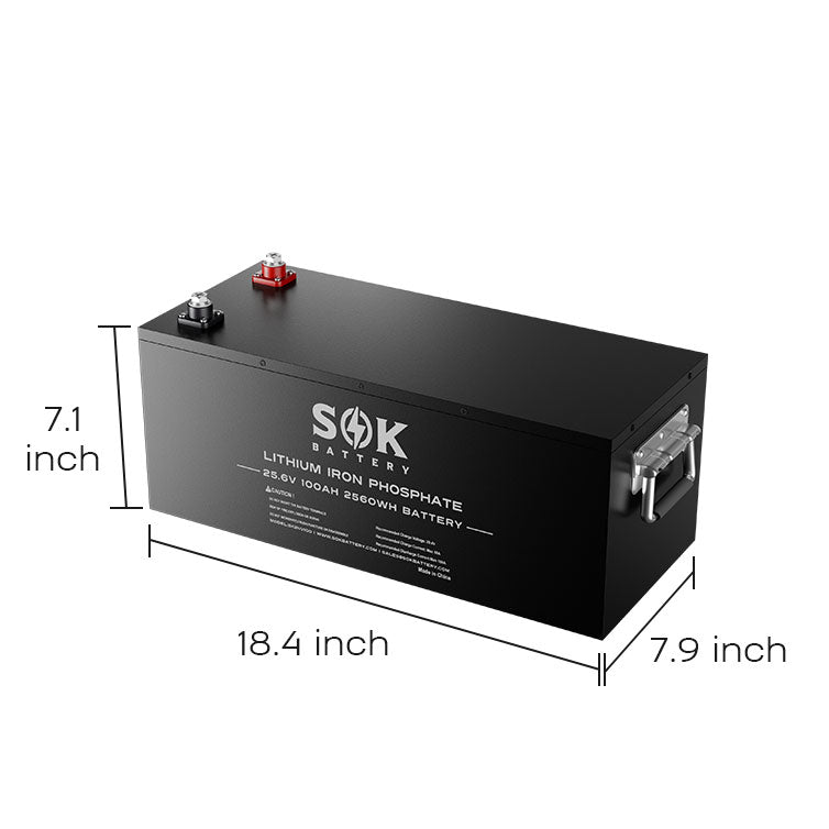 SOK SK24V100 battery dimensions: 18.4 × 7.9 × 7.1 inches (L × W × H)