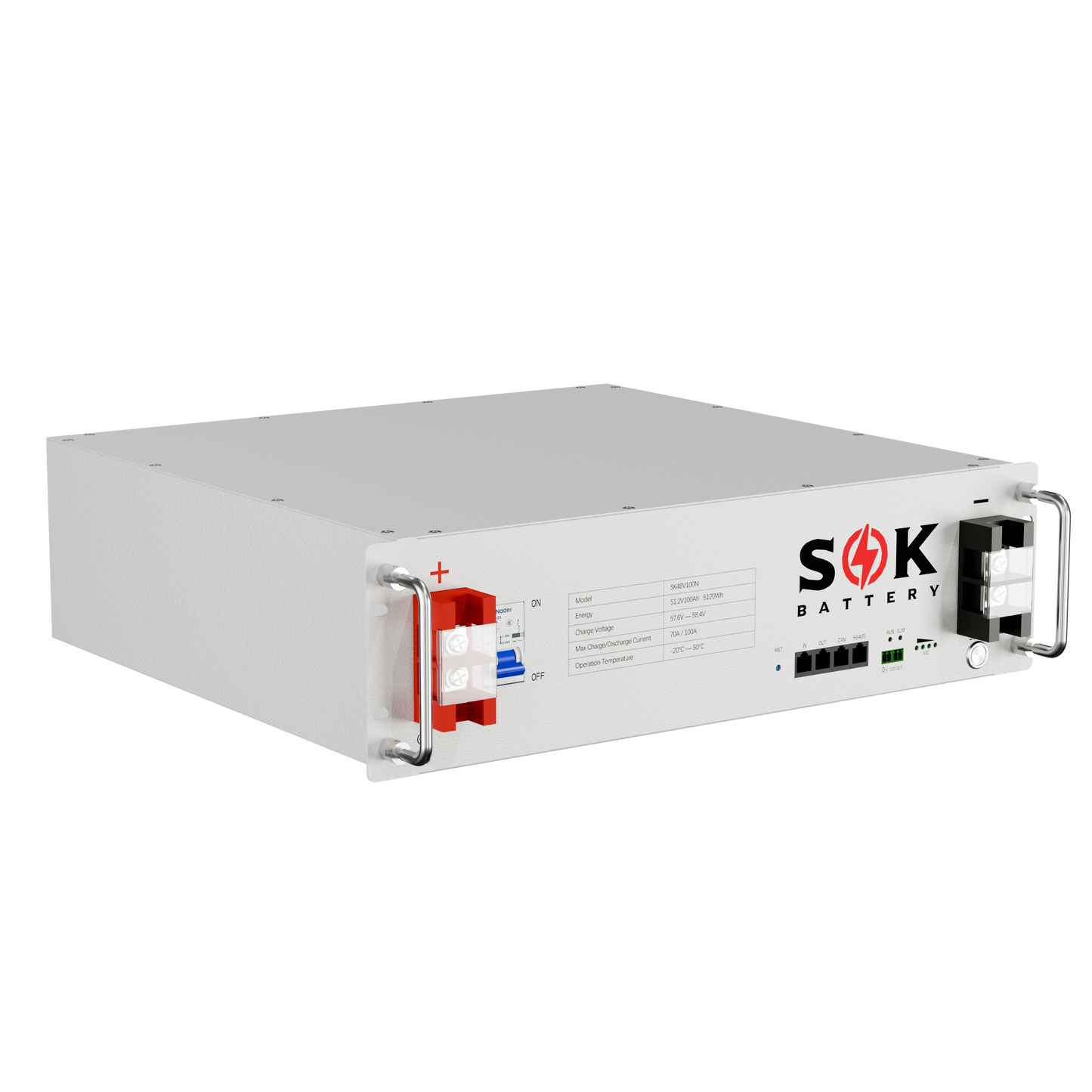 Front three-quarter view of the SOK SK48V100N rack battery showing power terminals, communication ports and handles