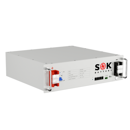 Front three-quarter view of the SOK SK48V100N rack battery showing power terminals, communication ports and handles