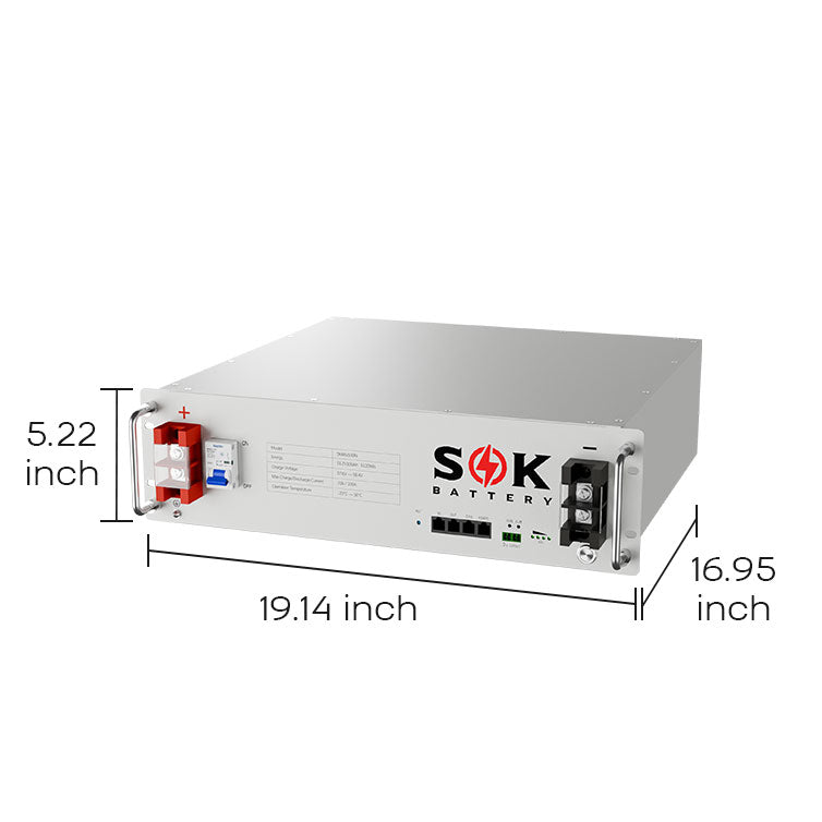 SOK SK48V100N rack battery dimensions: 19.14 × 16.95 × 5.22 inches (L × W × H)