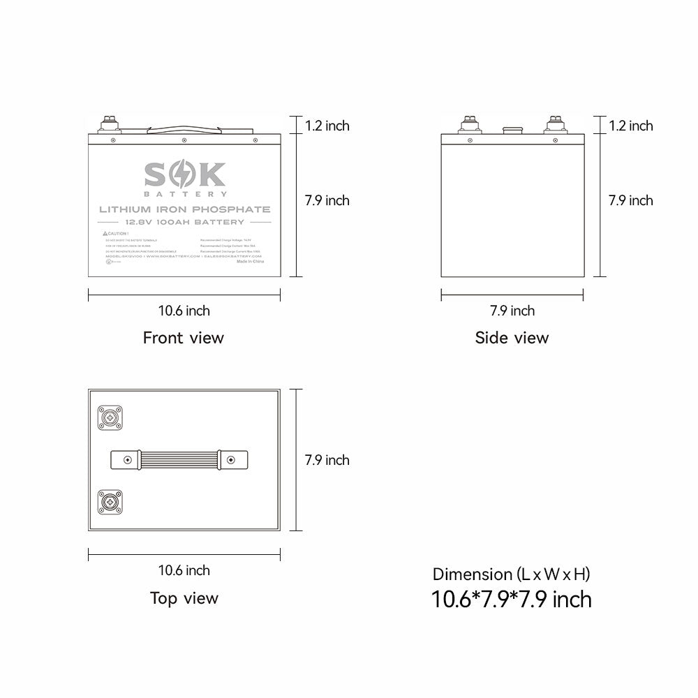 SOK SK12V100H battery dimensions: 10.6 × 7.9 × 7.9 inches (L × W × H)
