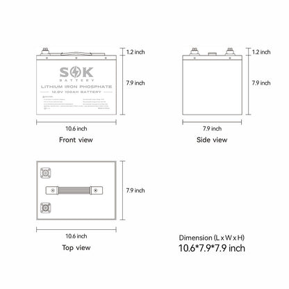 SOK SK12V100H battery dimensions: 10.6 × 7.9 × 7.9 inches (L × W × H)