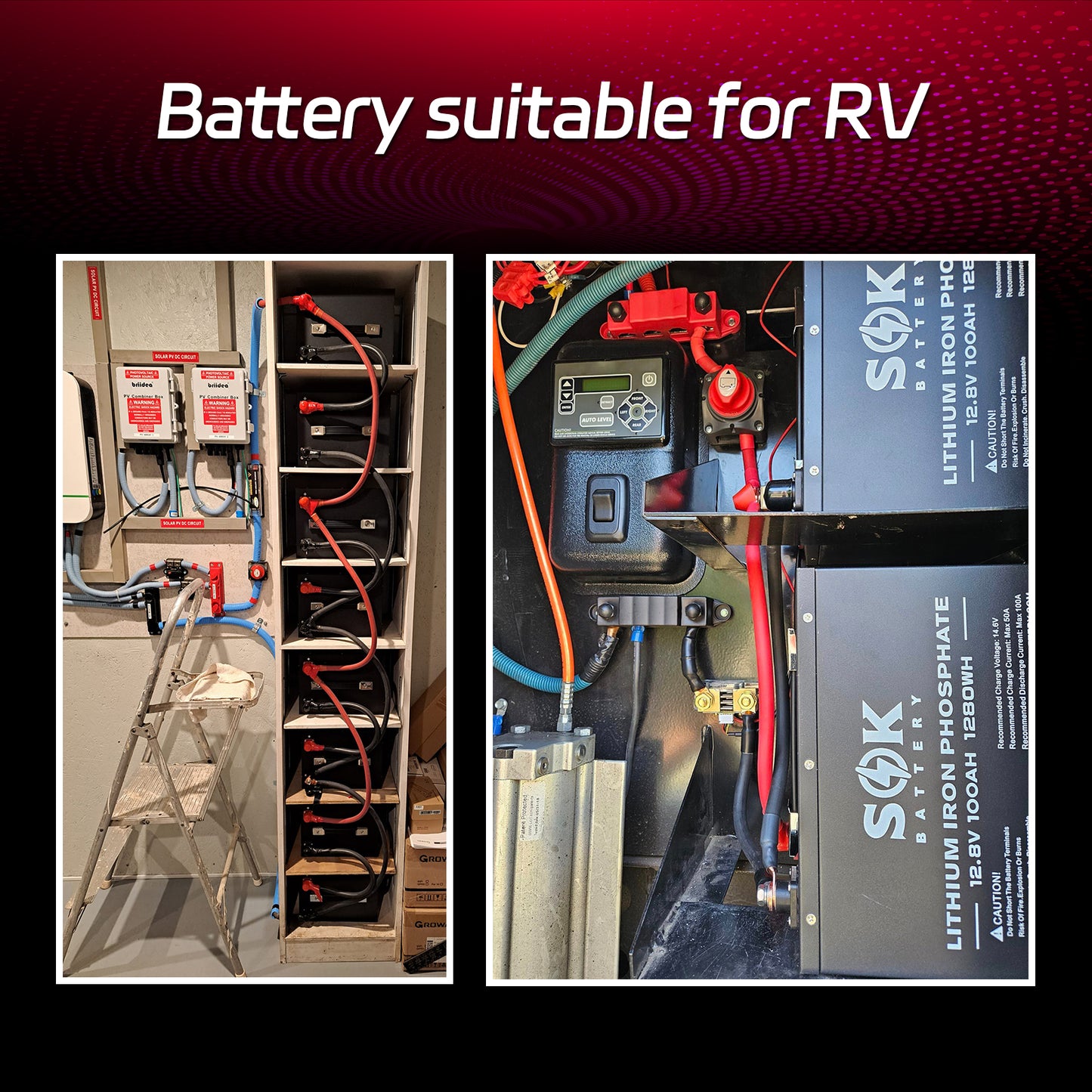 Examples of SOK SK12V100H batteries installed in RV electrical systems
