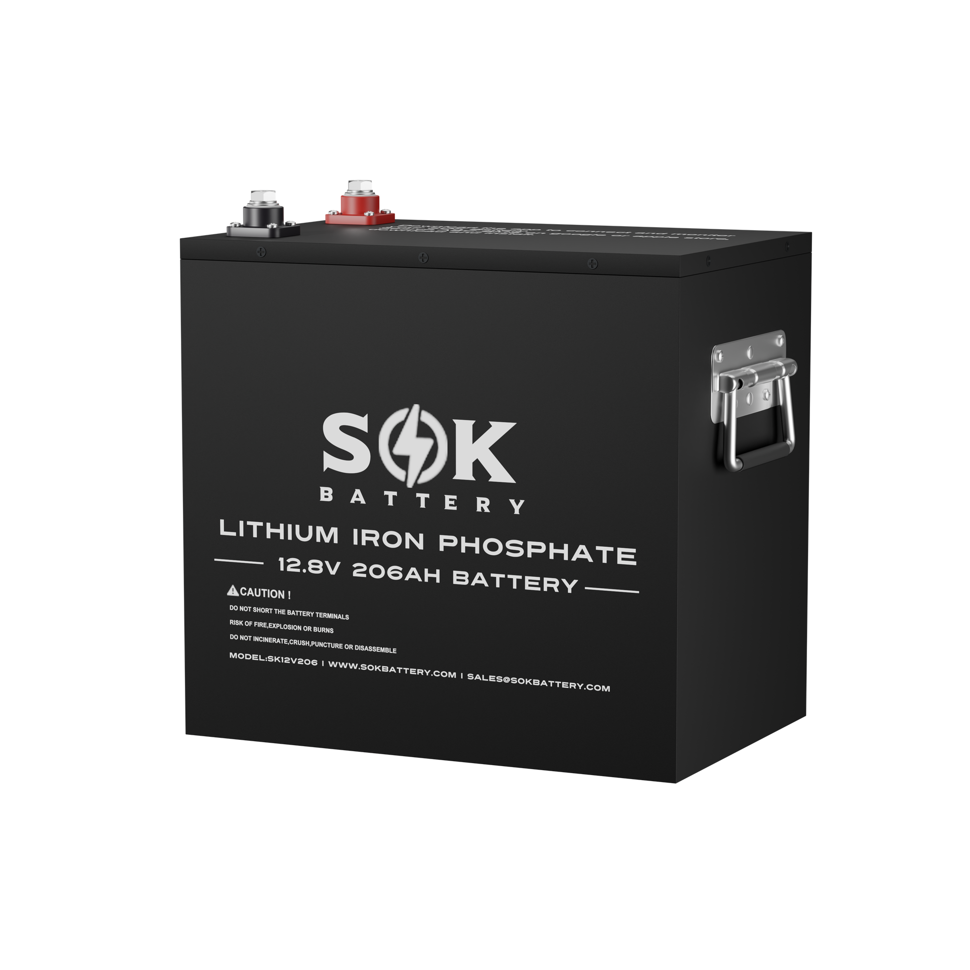 Angled view of the SOK SK12V206H 12V 206Ah heated Bluetooth LiFePO4 battery