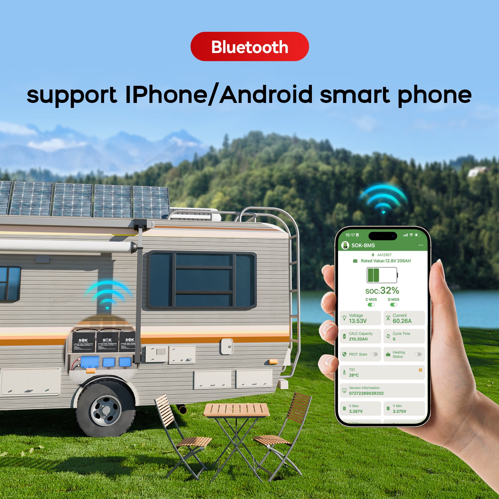 SOK-BMS app displaying voltage, current, capacity and temperature for the SK12V206H battery