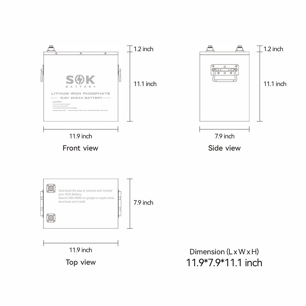 SOK SK12V206H battery dimensions: 11.9 × 7.9 × 11.1 inches (L × W × H)