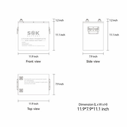 SOK SK12V206H battery dimensions: 11.9 × 7.9 × 11.1 inches (L × W × H)