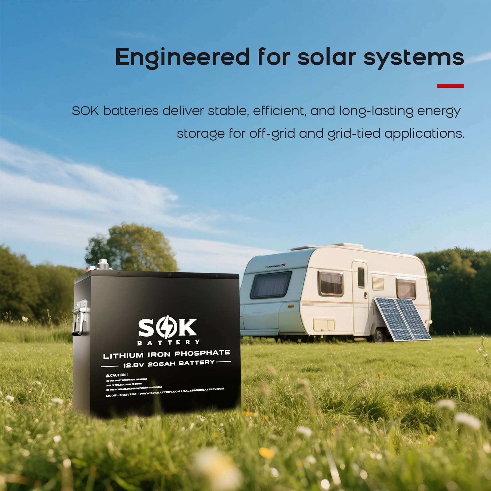 SOK SK12V206H battery shown beside solar panels and a travel trailer
