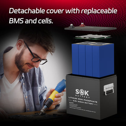 Exploded view of the SOK SK12V206H removable cover, replaceable BMS and battery cells