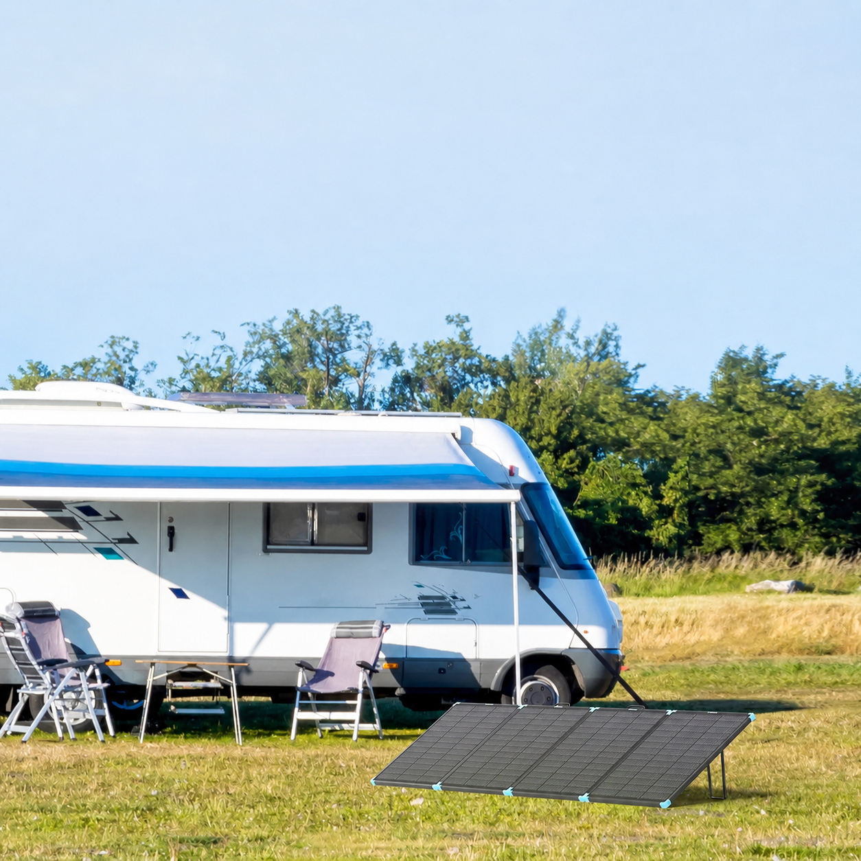 Renogy 300W N-Type portable solar suitcase — clean RV campsite lifestyle view