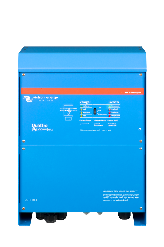 Representative manufacturer image of Victron Quattro 48V 10000VA 140A 120V inverter/charger, front view
